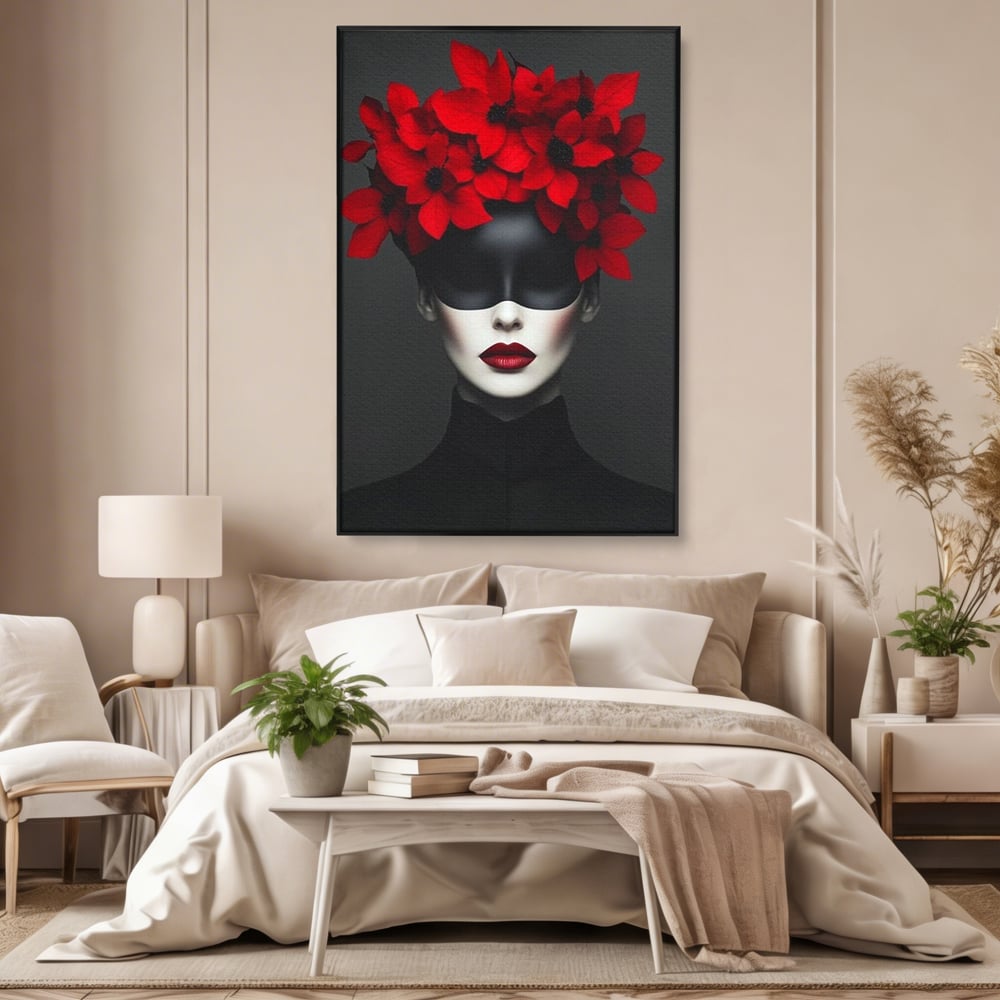 Tablou canvas cu tablou canvas cu femeie mascata si flori rosii, in rama de aluminiu negru, pe perete intr-un dormitor